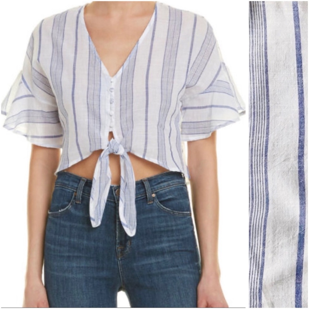 Moon River White Cotton + Blue Stripe Button Down Tied Waist Top